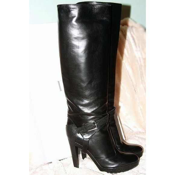 NIB DIOR TSAR BLACK CAVIAR LEATHER BELTED PLATFORM TALL HARNESS BOOTS 40 10 - Picture 1 of 6